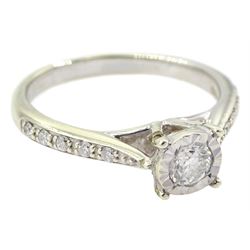 9ct white gold round brilliant cut diamond ring, with diamond set shoulders, hallmarked, total diamond weight 0.25 carat