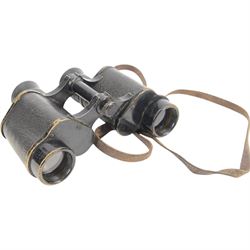 WWII Dolland of London Prismatic x6 field binoculars, with broad arrows marked to the body of the binoculars, the leather case with worn owners label to the inside, together with a cased pair of German field binoculars, with green paint finish, marked Germany-08 38226, together with two other cased pairs of binoculars 