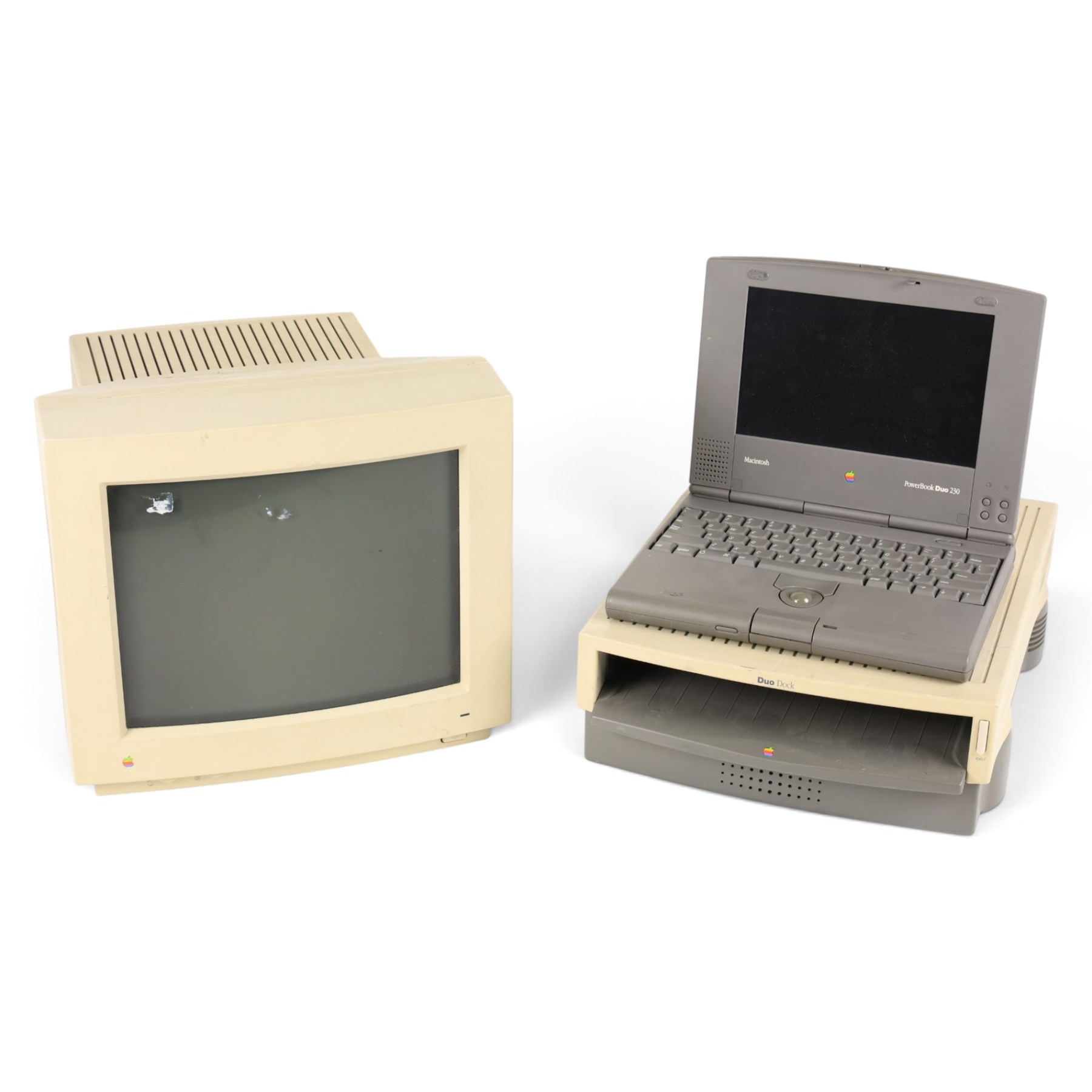 1990s Apple Macintosh Powerbook Duo 230 with Duo Dock and Macintosh Colour Display screen