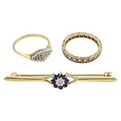 Gold diamond cluster ring, clear stone set full eternity ring and a gold sapphire and diamond brooch, all 9ct
