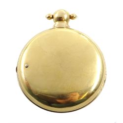 George III 18ct gold pair cased English lever fusee pocket watch by John Bolton, Durham, No. 844, round baluster pillars, engraved balance cock with flower decoration and diamond endstone, stop/work lever, cream enamel dial with Roman numerals and subsidiary seconds dial, case makers mark V&R, Chester 1819