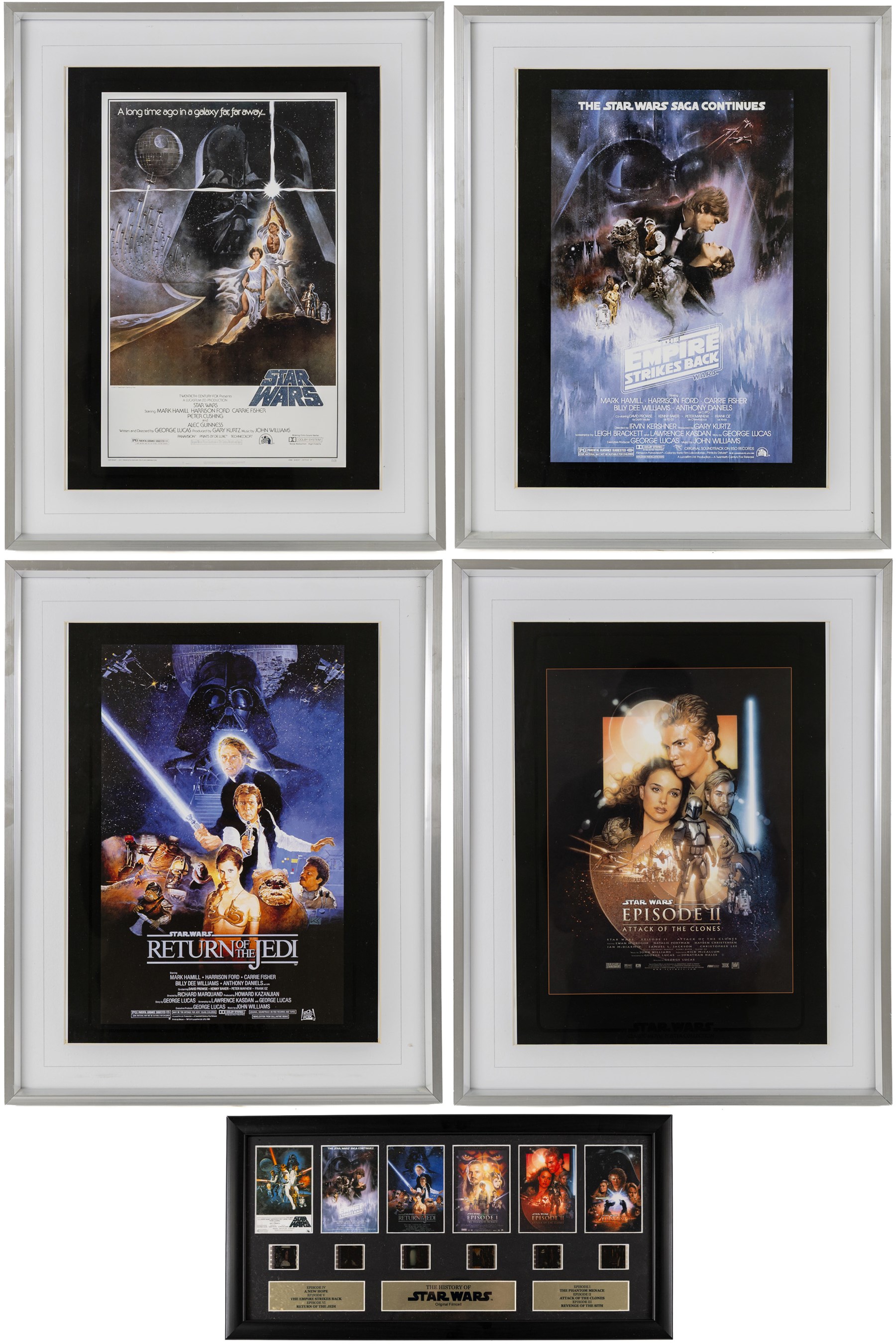 Four Cards Inc Star Wars The Movie Poster Collection prints, comprising Episode I Attack of the Clones, A New Hope, Return of the Jedi and The Empire Strikes Back, all framed, H37cm, together with a Rye by Post The History of Star Wars Original Filmcell collection, with certificate of authenticity verso