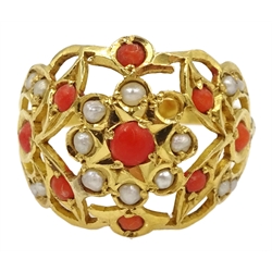 22ct gold coral and pearl open work design ring