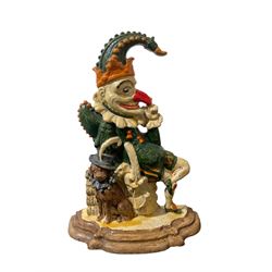 Painted cast iron doorstop of Mr Punch with dog, H31cm 
