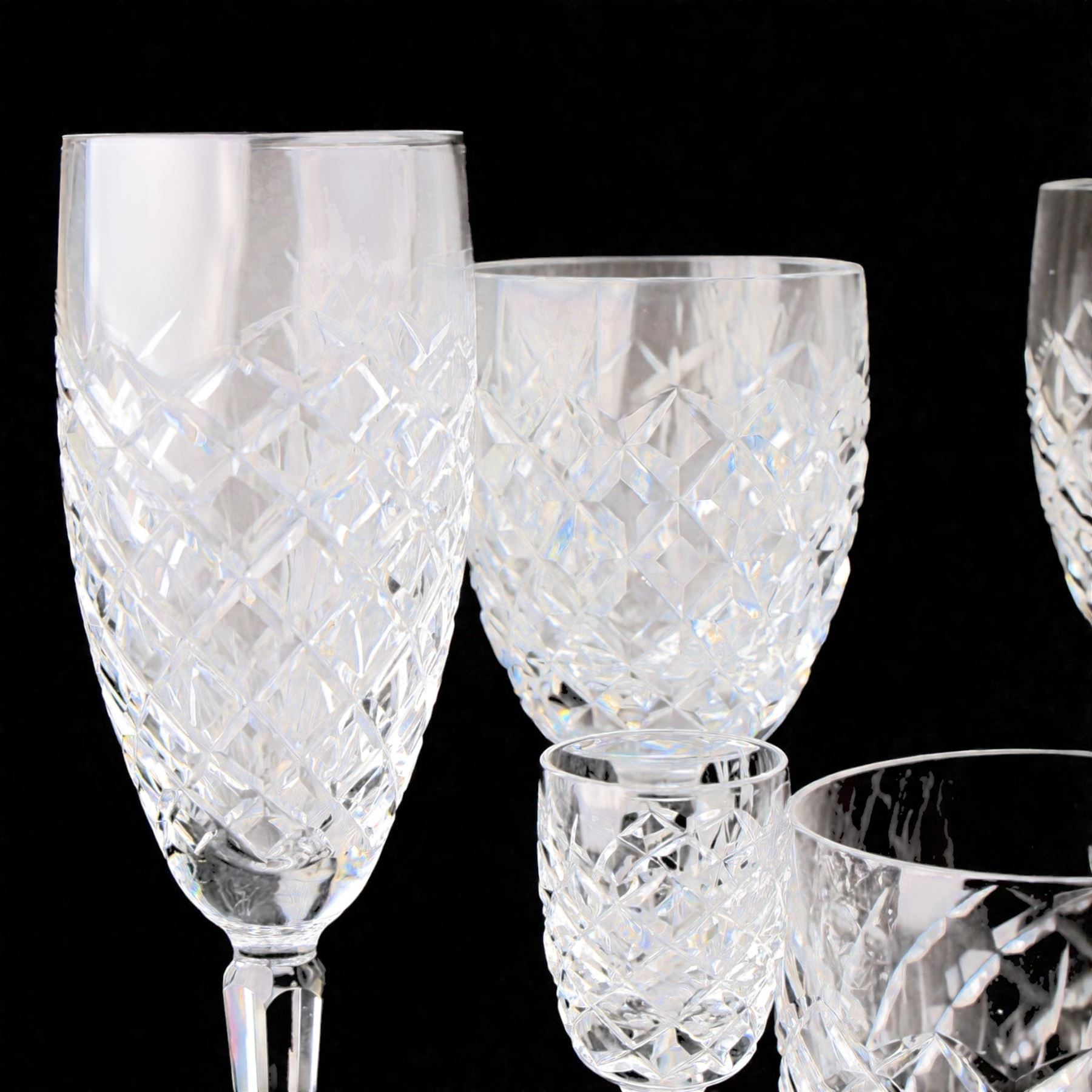Waterford Crystal drinking glasses for six setting, in Comeragh pattern, including champagne, wine glass, sherry glasses, etc  