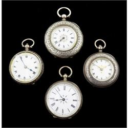 Four silver cylinder ladies pocket watches, all white enamel dials with Roman numerals