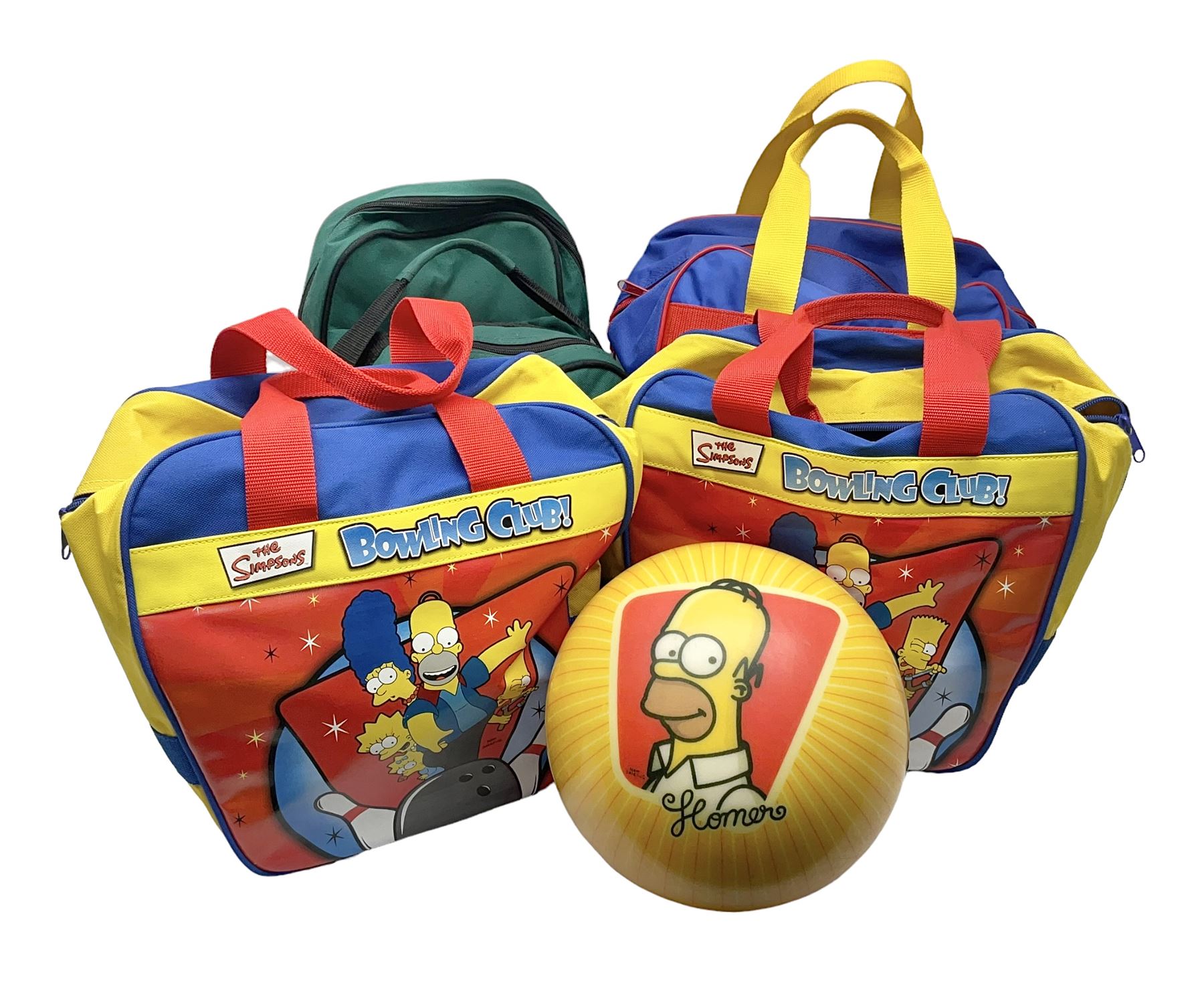 Two The Simpsons 'The Bowling Club' tenpin bowling balls, the first an undrilled example depicting Bart Simpson on a green ground, the second a drilled example depicting the Simpsons family on an orange ground, both in Simpsons The Bowling Club bags, together with a Disney Monsters, Inc. tenpin bowling ball, in matching bag and a Maxim tenpin bowling ball