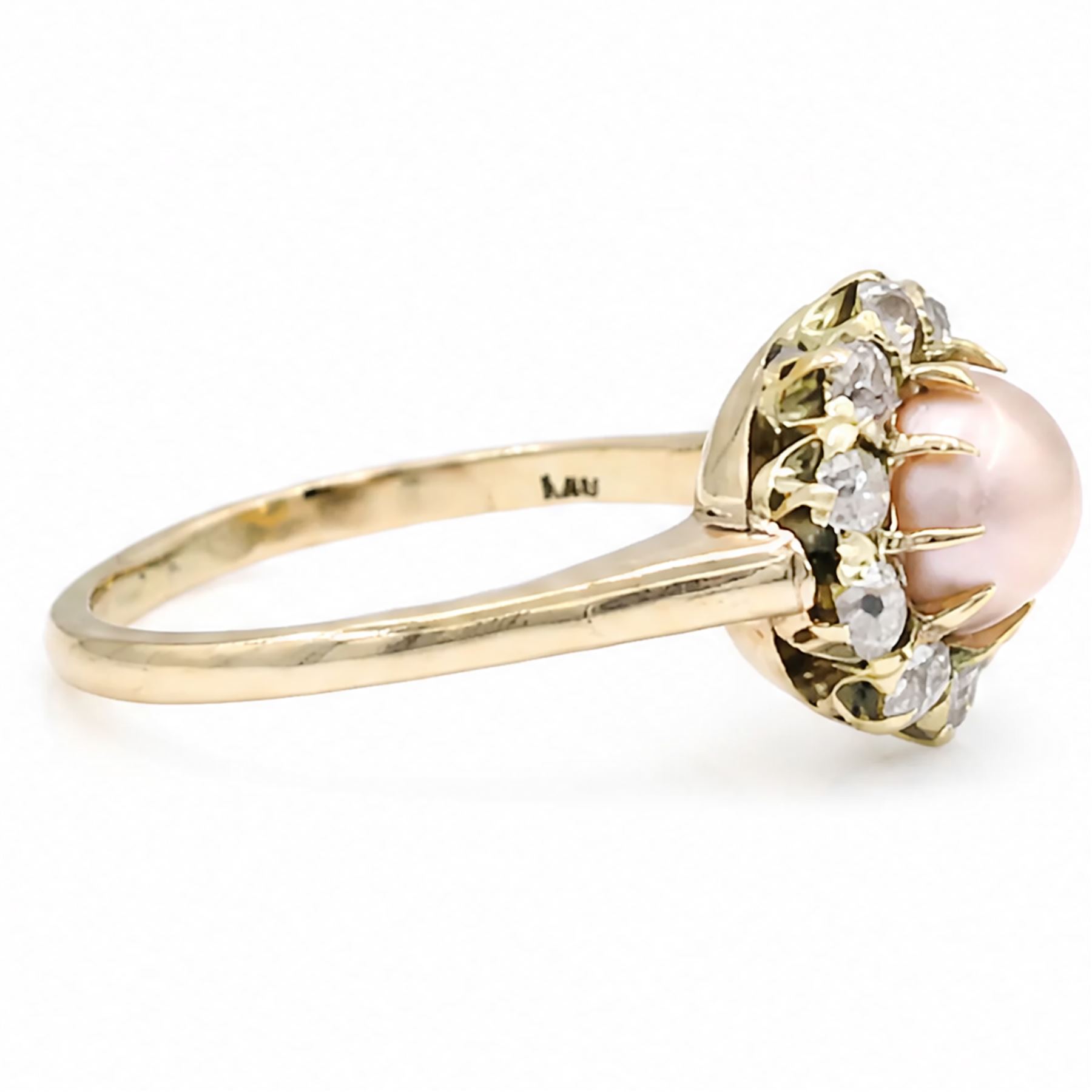 Gold pearl and diamond cluster ring, single pink pearl surrounded by ten old cut diamonds, stamped 14K, total diamond weight approx 0.60 carat