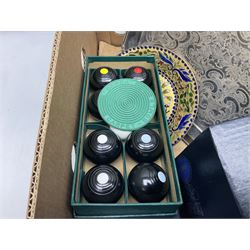 Boxed set of Banda carpet bowls, two boxed sets of Stuart glasses, Murano art glass bowl, cloisonné plate decorated with flowers upon gilt ground, silver plate and other metalware etc