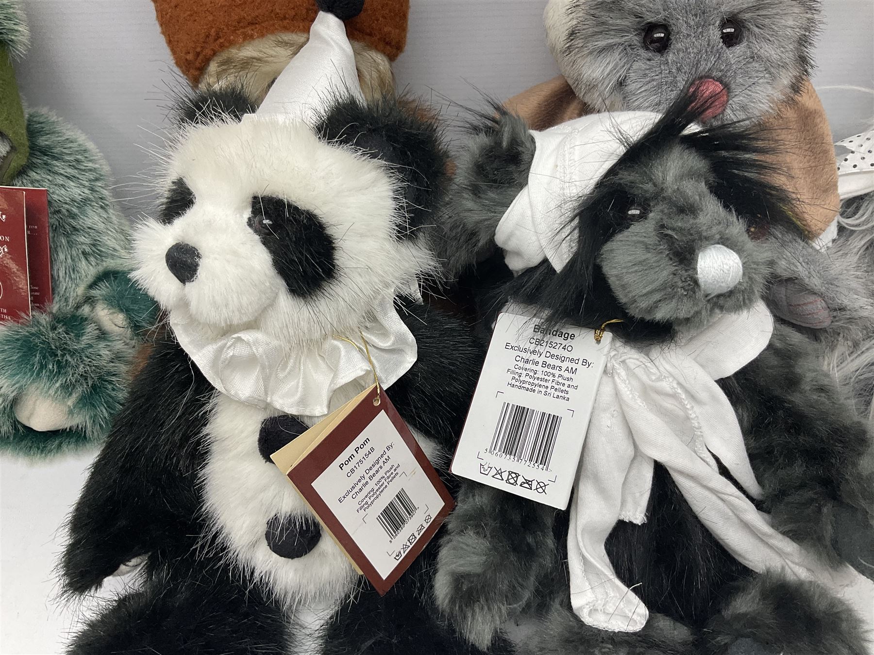 Six Charlie Bears, comprising Nutmeg CB621329, designed by Isabelle Lee, Toadstool CB195166, Pom Pom CB175154B, Whoooo CB195220O, Bandage CB215274O, and Bearwolf CB215275O, all with tags 