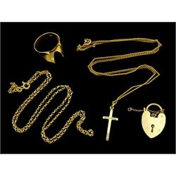 9ct gold jewellery including heart locket clasp, two chain necklaces, cross and ring shank