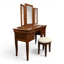Willis & Gambier - mahogany dressing table, three part mirror and stool, the dressing table with rectangular top with chamfered corners, over two baize lined frieze drawers, kneehole recess and a single drawer either side, three part mirror with central tilting mirror on a moulded plinth base, with oval beige padded stool 
