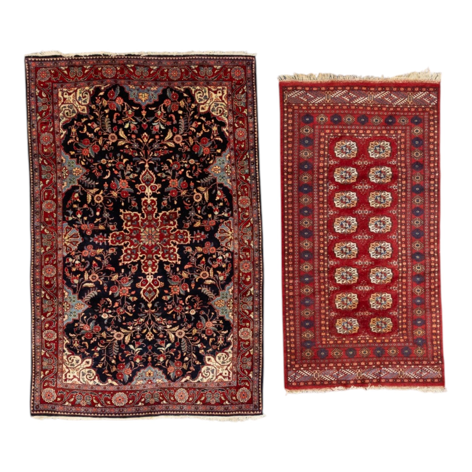 Two hand-knotted rugs, comprising Persian floral rug, dark blue ground decorated with scrolling foliage and flowerheads within a red floral border (H 208cm, W 134cm); Bokhara type rug, red ground with repeating gul motifs and geometric guard borders (H 174cm, W 94cm)