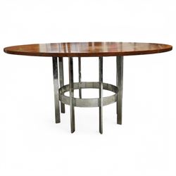 Mid-century Merrow Associates rosewood and chrome dining table, the circular top with striking rosewood veneers, raised on a chromed steel base of eight supports joined by a central ring stretcher