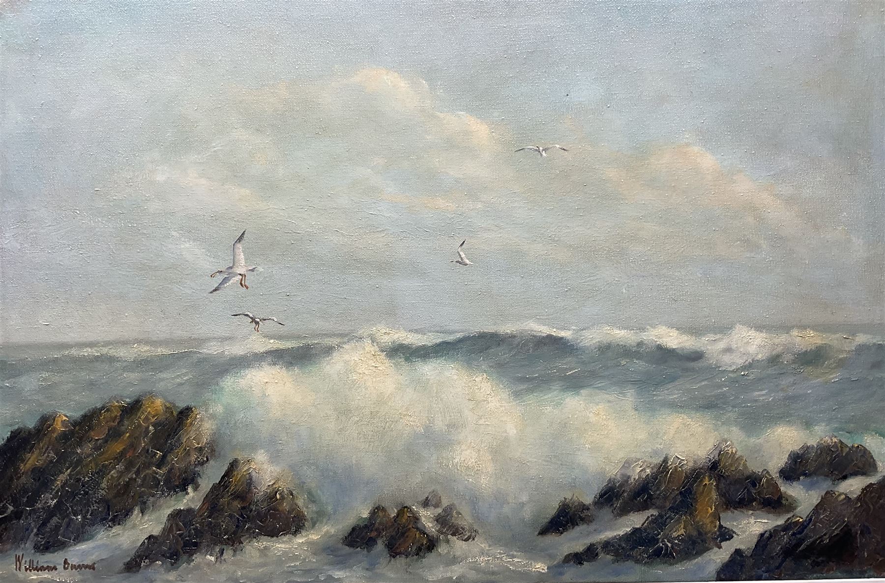 William Burns (Northern British 1923-2010): 'Surf and Rocks - North Devon', oil on board signed, titled verso 50cm x 70cm Provenance: Direct from the family of the artist.
Notes: Born in Sheffield in 1923, William Burns RIBA FSAI FRSA studied at the Sheffield College of Art before the outbreak of the Second World War, during which he helped illustrate the official War Diaries for the North Africa Campaign, and was elected a member of the Armed Forces Art Society. On his return, he studied architecture at Sheffield University and later ran his own successful practice, being a member of the Royal Institute of British Architects. However, painting had always been his self-confessed 'first love', and in the 1970s he gave up architecture to become a full-time artist, having his first one-man exhibition in 1979.