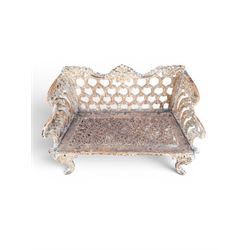Victorian revival Carron Foundry design heavy cast iron two seat garden bench, scrolled arms with pierced lattice seat, finished in antique white paint