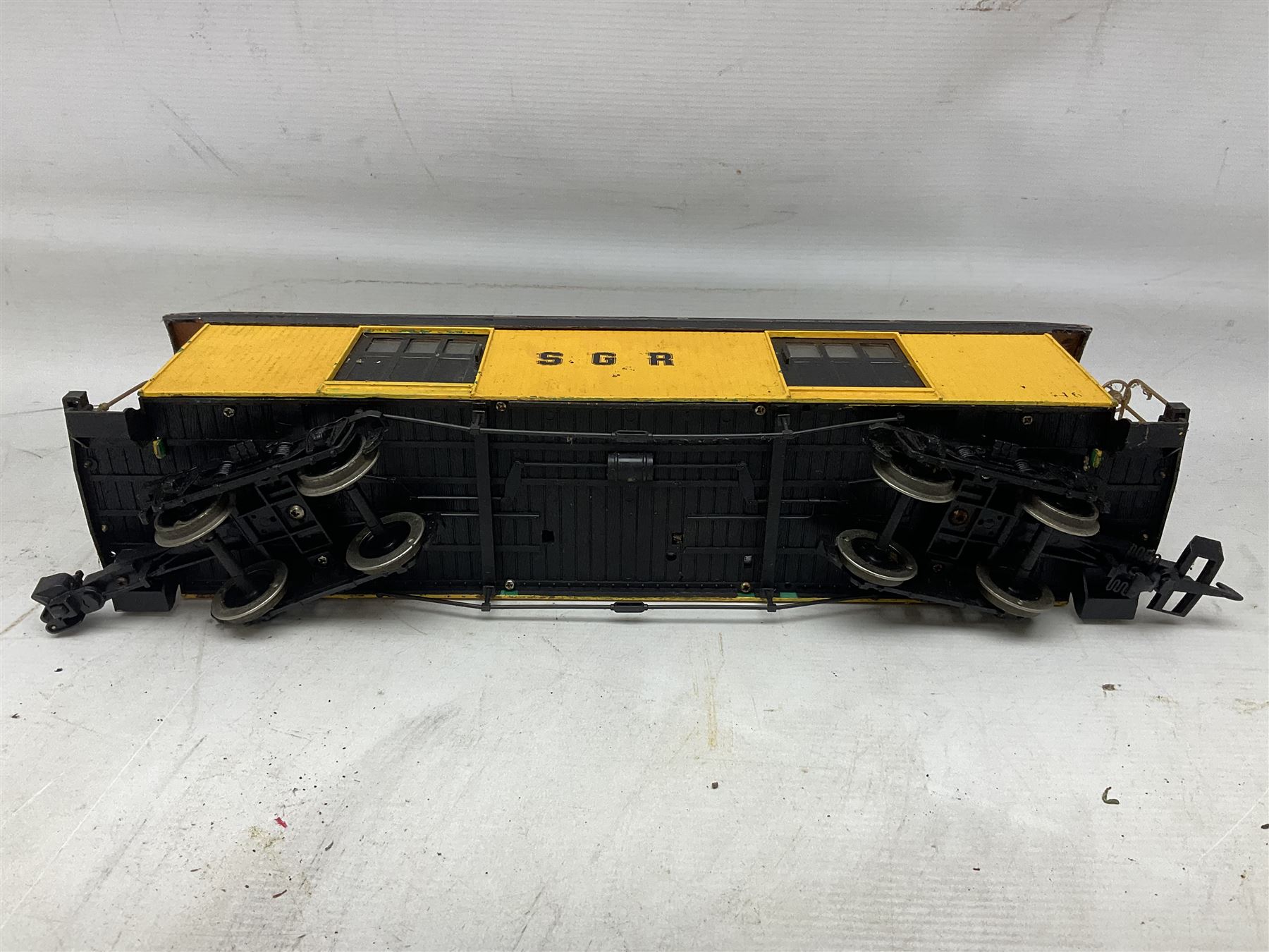 Six Bachmann G scale, gauge 1 rolling stock wagons and carriages, including tram coach, log carrier and tanker, etc, all unboxed 