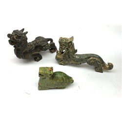  An Oriental bronze model of a Tang style horse, together with a small bronze modelled as a seated Tibetan buddha, a metal model of a Chinese dragon, two green soapstone carvings, a selection of modern cloisonne vases, etc.   