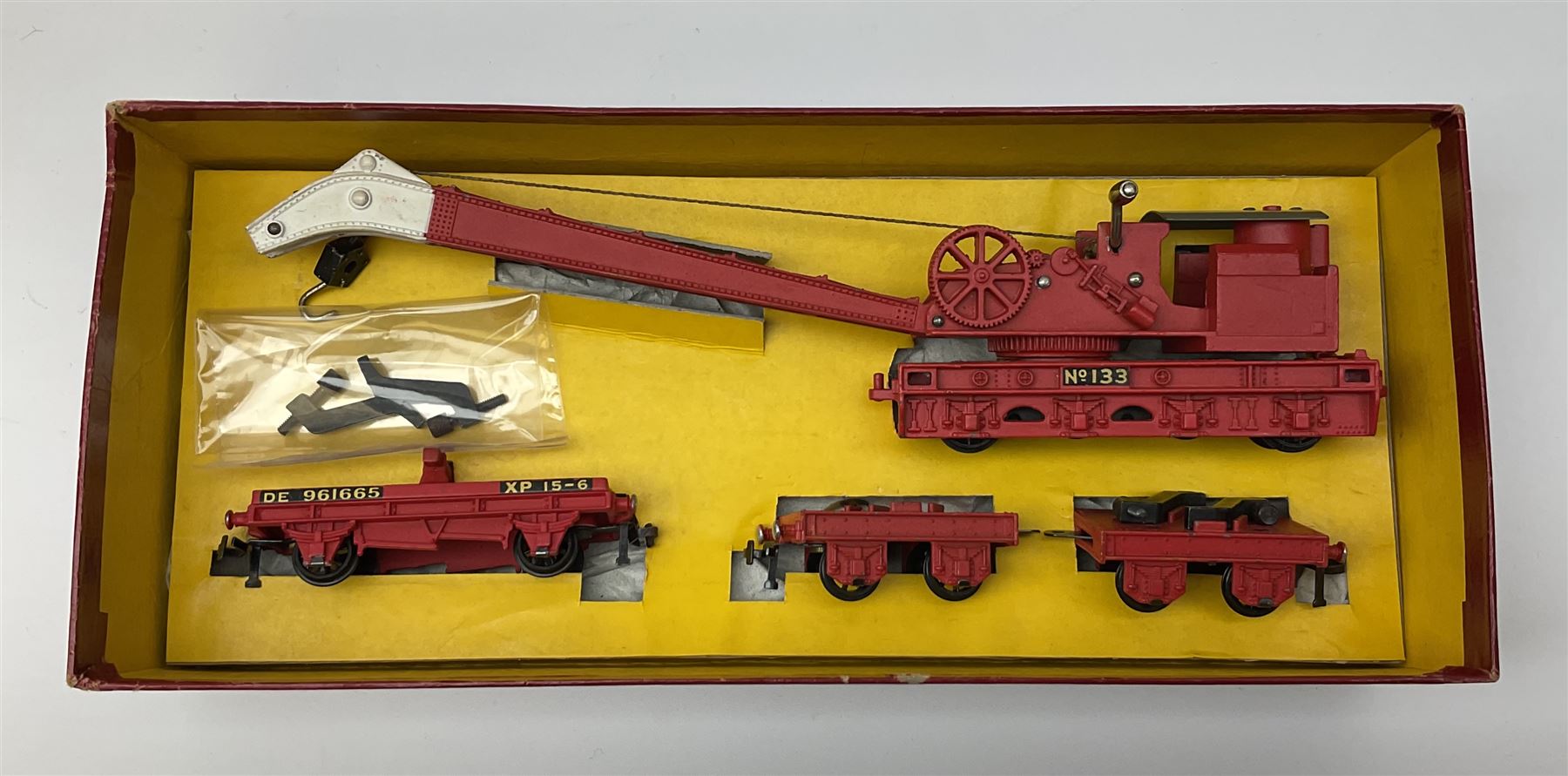 Hornby Dublo - Breakdown Crane No.4062 with screw jacks in plain red box with end label; D1 Girder Bridge, boxed; and T.P.O. Mail Van Set, boxed with mail bags (3)