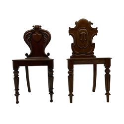 Victorian mahogany hall chair with shaped leaf carved back and a Victorian oak hall chair with shaped cartouche carved back