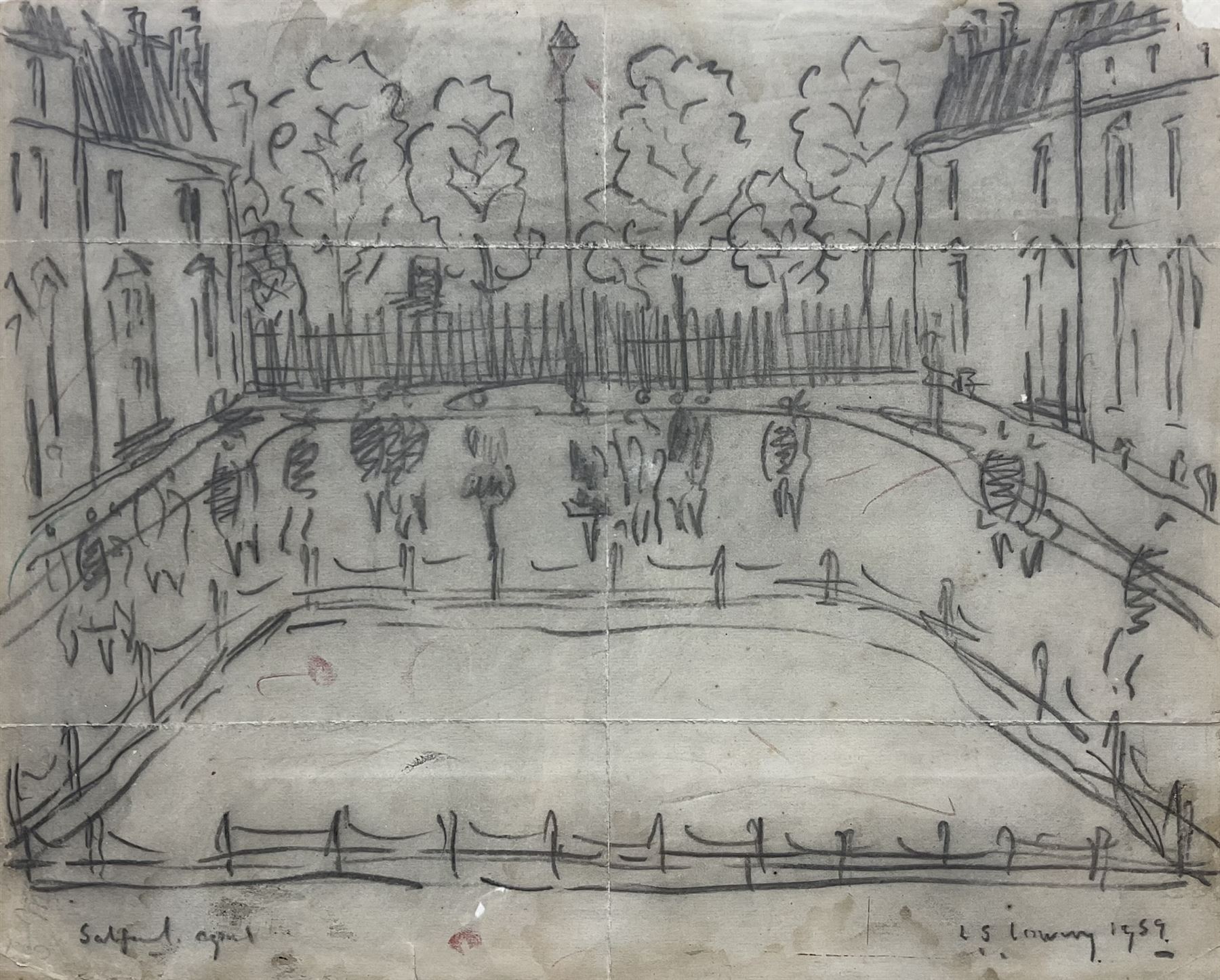 Attrib. Laurence Stephen Lowry RBA RA (Northern British 1887-1976): 'Salford', pencil sketch signed titled and dated 1959, 25cm x 31.5cm