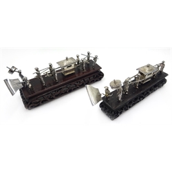  Two early 20th century Chinese silver models of processions  on carved hardwood stands 15cm  