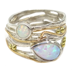  Silver and 14ct gold wire two stone opal ring, stamped 925  