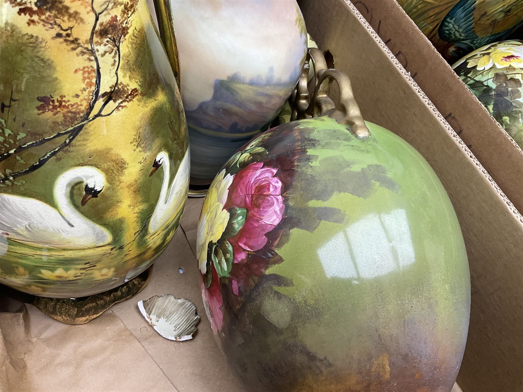 Continental hand painted vase, together with eight large Victorian vases, including some St Louis Artware examples and a pair painted with swans, tallest H50cm