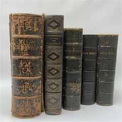 Victorian Rev. John Eadie leather bound Family Bible; three other Victorian leather bound Bibles; and another Victorian leather bound book The Altar of the Household edited by the late rev. John Harris (5)