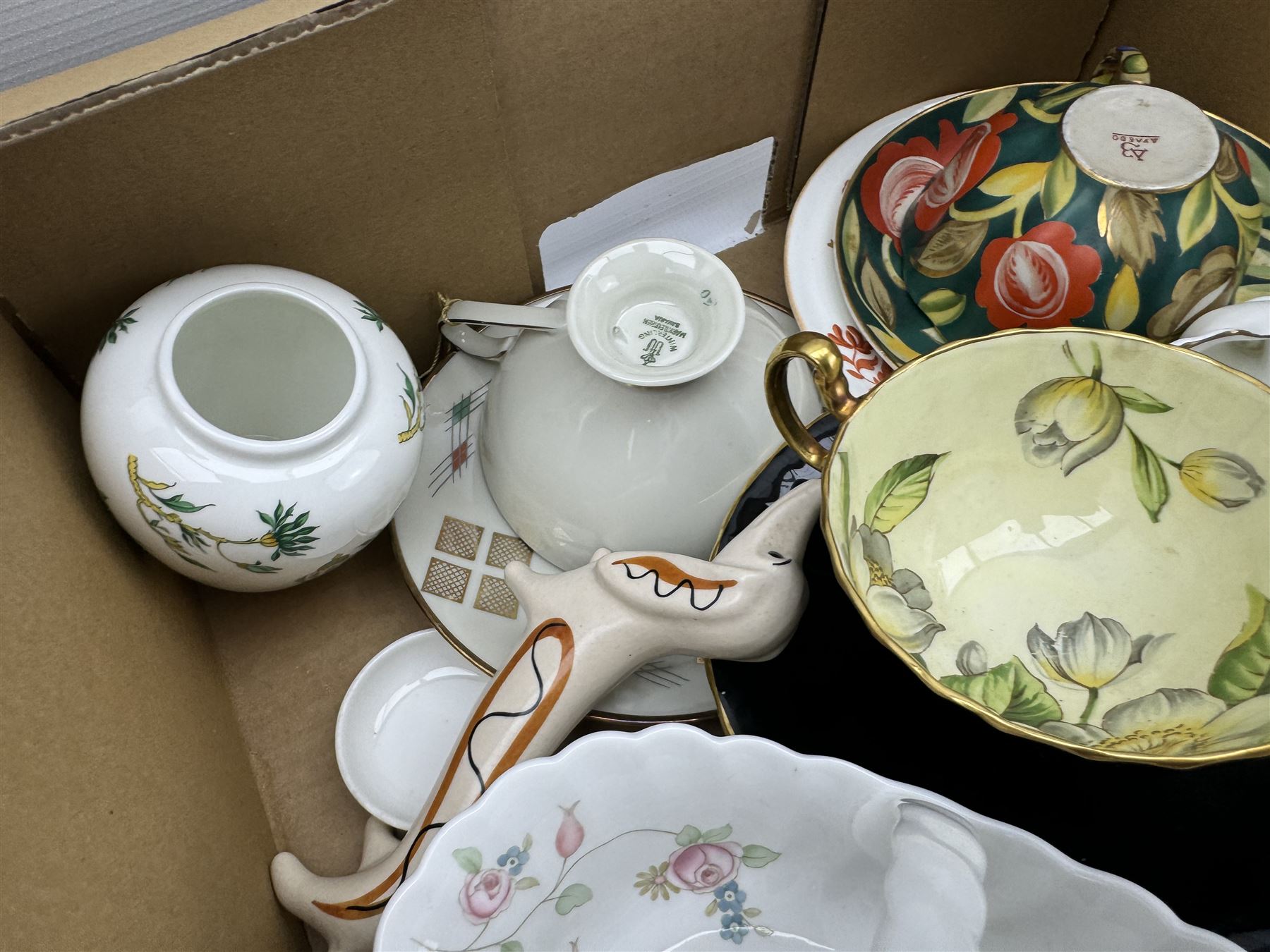 Aynsley harlequin cups and saucers, Royal Albert Old Country Roses vase and cover, Noritake coffee wares, Wedgwood Everest Goblet and various ceramics in two boxes