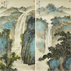 Circle of Aixinjueluo Yuting (Chinese 1952-): Waterfall Landscape and Mountainous Waterfall Landscape with Pagoda, pair watercolours on scroll backing indistinctly signed with artist's seals 89cm x 44cm (2)
