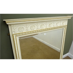  Victorian cream and gilt painted overmantle mirror, W113cm, H133cm  