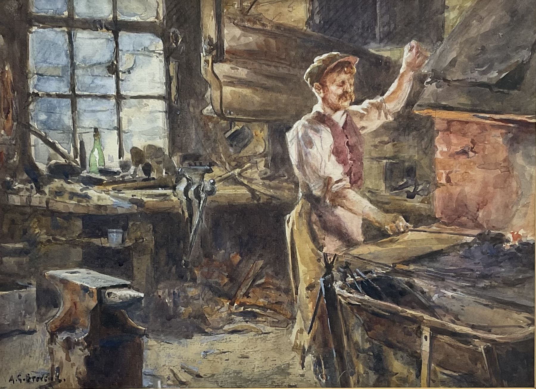 Albert George Stevens (Staithes Group 1863-1925): The Blacksmith's Forge, watercolour signed 20cm x 28cm