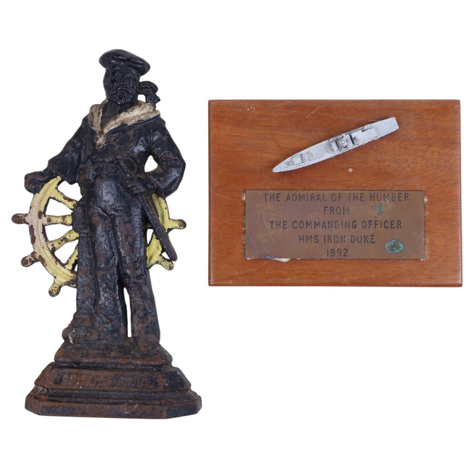 Three-draw telescope by Bailey Birmingham with in-built sun visor, together with a Britains Pride sailor door stop, Castle & Co gimbal compass, HMS Ark Royal plaque and 1992 presentation plaque to the Admiral of the Humber from the HMS Iron Duke