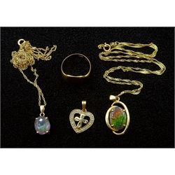 14ct gold opal triplet pendant, on 9ct gold chain, 18ct gold signet ring, 9ct gold mystic opal pendant necklace, 9ct gold diamond heart pendant and a 9ct gold chain, all hallmarked or stamped