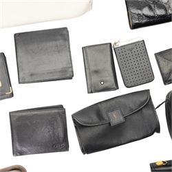 Collection of wallets, purses and bags, including MontBlanc key case and purse, Links London mini magic slate and case, Dunhill wallet and cheque book, Launer men's black leather wallet, Aigner card holder, Kurt Geiger black crocodile-embossed leather portfolio holder, etc (20)