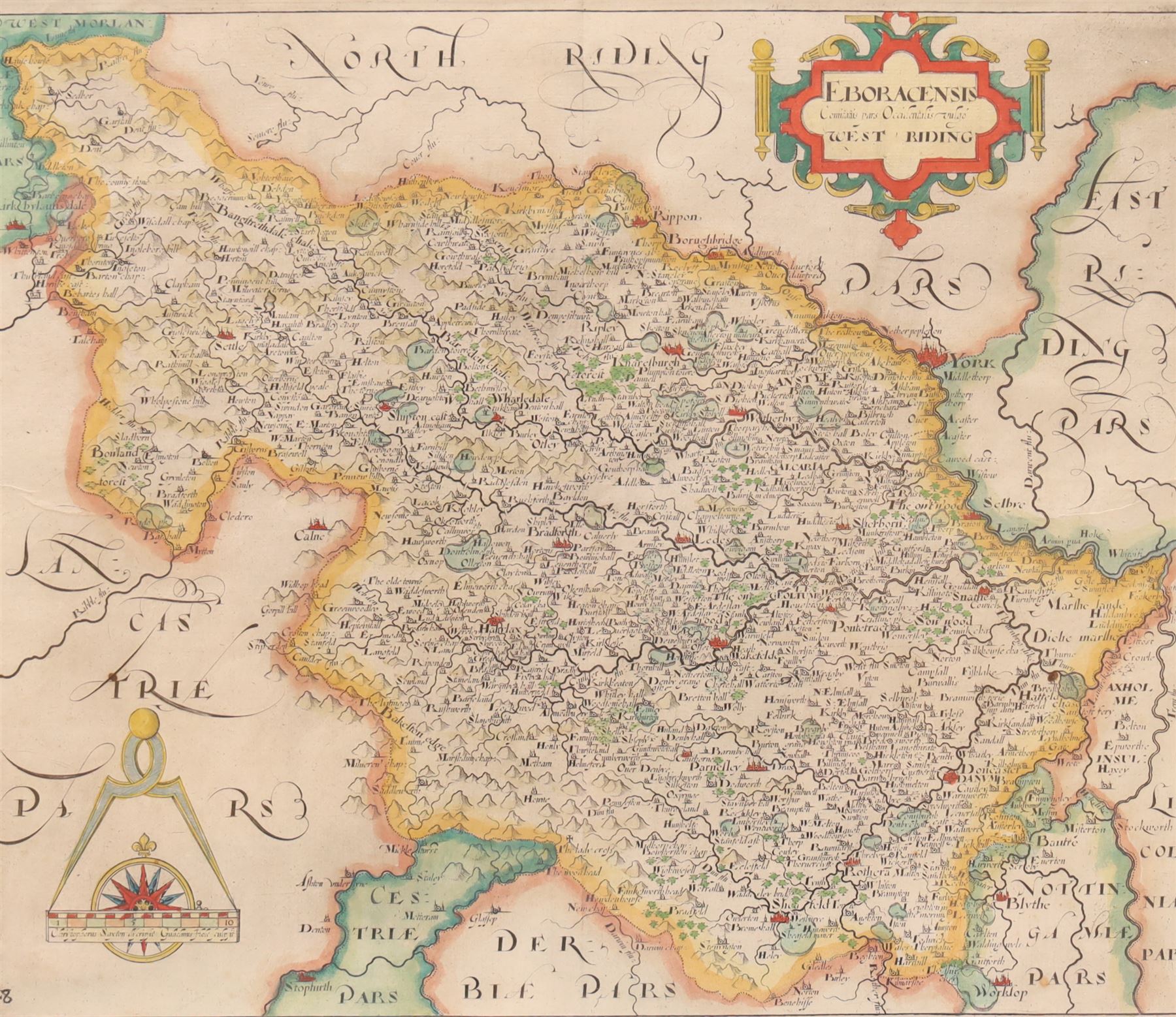 Gulielmus Hole (British ?-1624) and Christopher Saxton (British 1540-1610): 'Eboracensis Comitatus pars Occidentalis vulgo West Riding', 17th century engraved map of the West Riding Yorkshire with hand-colouring pub. 'Camden's Britannia' c.1607, 28cm x 33cm