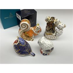 Four Royal Crown Derby paperweights, comprising Autumn Squirrel, with box, Dormouse, with box, Robin, and Koala and baby, all with gold stoppers. 