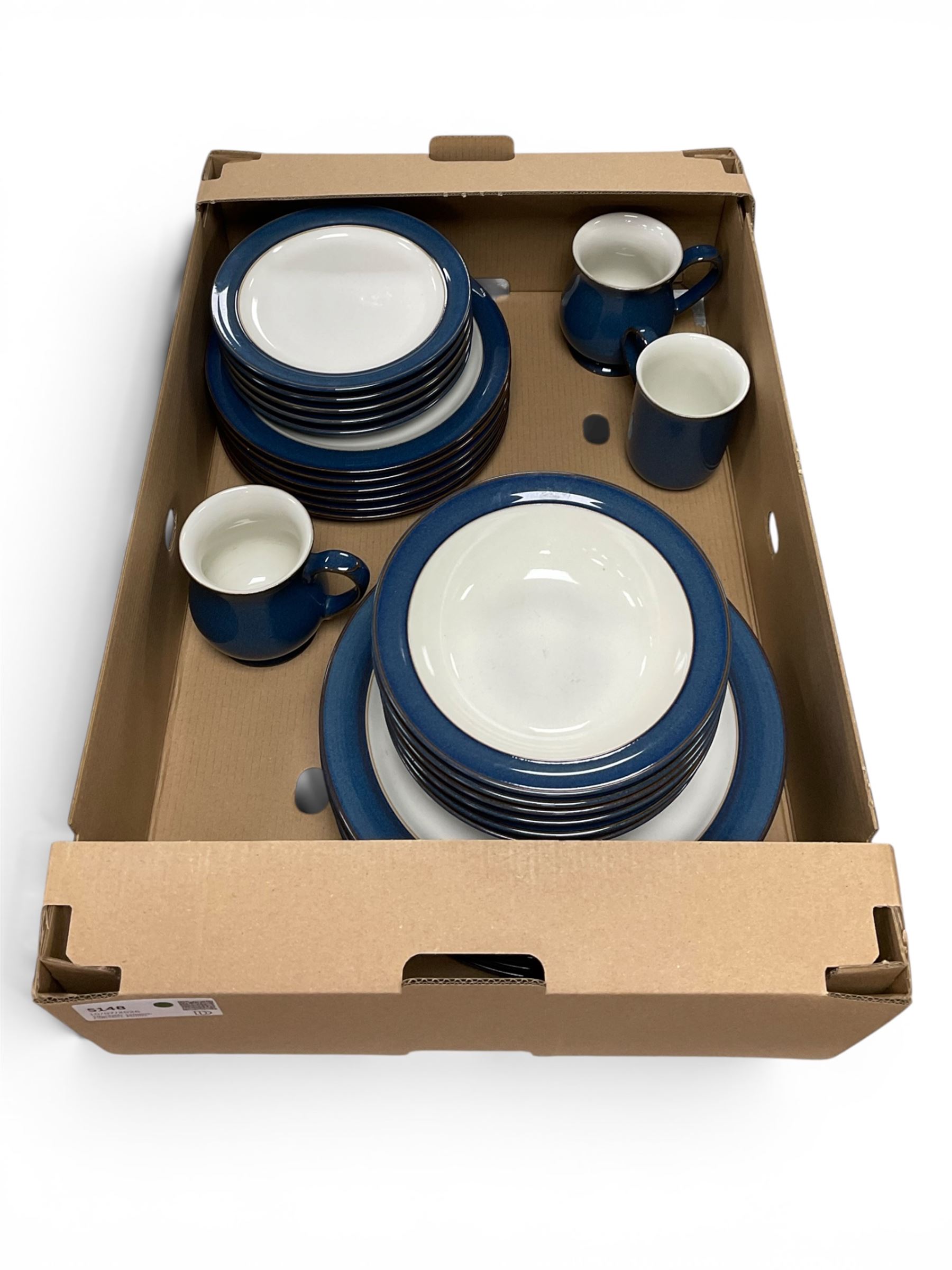 Collection of Denby Imperial Blue stoneware to include three mugs, five small plates, six side plates, six dinner plates and six bowls