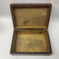 Walnut dressing table box, set with mother of pearl cartouche, opening to reveal a compartmentalised interior with mirror, covered in parts in purple velvet, together with a smaller jewellery box with stencil print, dressing table box H15cm