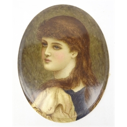  Early 20th century oval porcelain plaque hand painted with a portrait of a young girl signed A. M. Earl, H25.5cm   