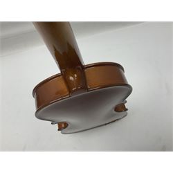 Four Chinese graduated violins - full size with 35.5cm two-piece back; three-quarter size with 33.5cm two-piece back; half size with 31cm two-piece back; and quarter size with 27.5cm two-piece back; all cased except full size; one with bow (4)