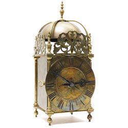 English-17th-century style replica 8-day lantern clock with a suspended bell and turned fi...