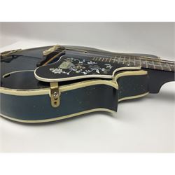 Eastern eight-string F-hole mandolin with blue sunburst finish and mother-of-pearl inlay of flowers and birds L69cm