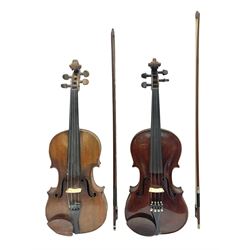 German trade violin in the Steiner style c1900 with 35.5cm two-piece maple back and ribs and spruce top L59cm overall; in fitted carrying case with two bows; and a Saxony violin with 35.5cm one-piece maple back and ribs and spruce top L58.5cm overall (2)