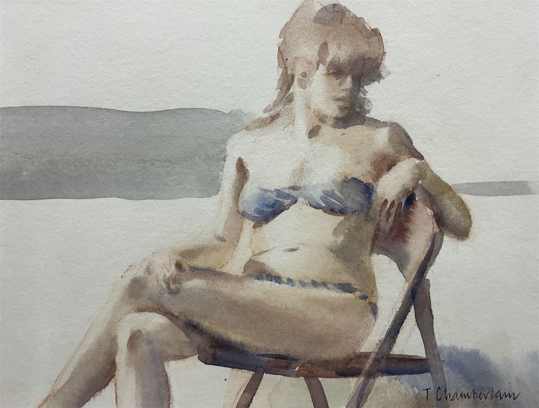 Trevor Chamberlain ROI RSMA (British 1933-): 'The Striped Bikini', watercolour signed, titled with artist's studio label verso 16cm x 21cm