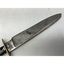 Bowie knife, the 16cm steel blade marked Taddy Henry & Horton Norfolk Street Sheffield, with nickel cross-piece and two-piece tortoiseshell type scales; L29cm overall; and an 'American Hunting Knife' with 14cm steel blade marked R. Lingard Sheffield, nickel cross-piece and lacquered grip; each in nickel mounted tooled leather sheath (2)