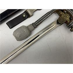 WW2 German Army Prinz Eugen Pattern Officers Dress Sword by Carl Eickhorn, the 80.5cm slightly curving fullered blade with makers name to the ricasso, gilt brass hilt with eagle to the cross-piece and relief of oakleaves to the ferrule, Prinz Eugen style down winged eagle to the pommel of the backstrap; grip retains the original wire binding; in original black painted scabbard with single hanging ring, leather hanger marked 'RZM M5/71 OLC' and silvered knot L97cm overall