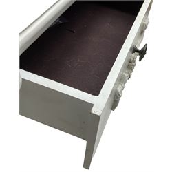 French design white painted console table, shaped top, fitted with single drawer with applied swag decoration, raised on cabriole supports decorated with foliate mouldings