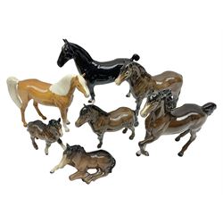 Seven Beswick horses, to include bay Exmoor, Hackney horse black magic, Shetland etc 